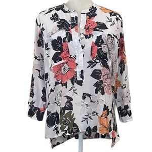 Ann Taylor Factory Floral White Pink Black Tunic Blouse‎ Cotton Silk Sz L